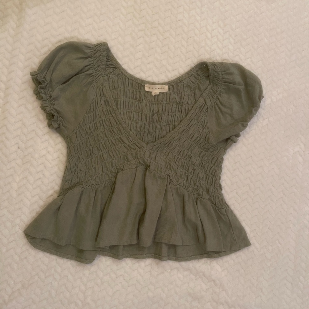 La Hearts Sage Green Smocked Blouse